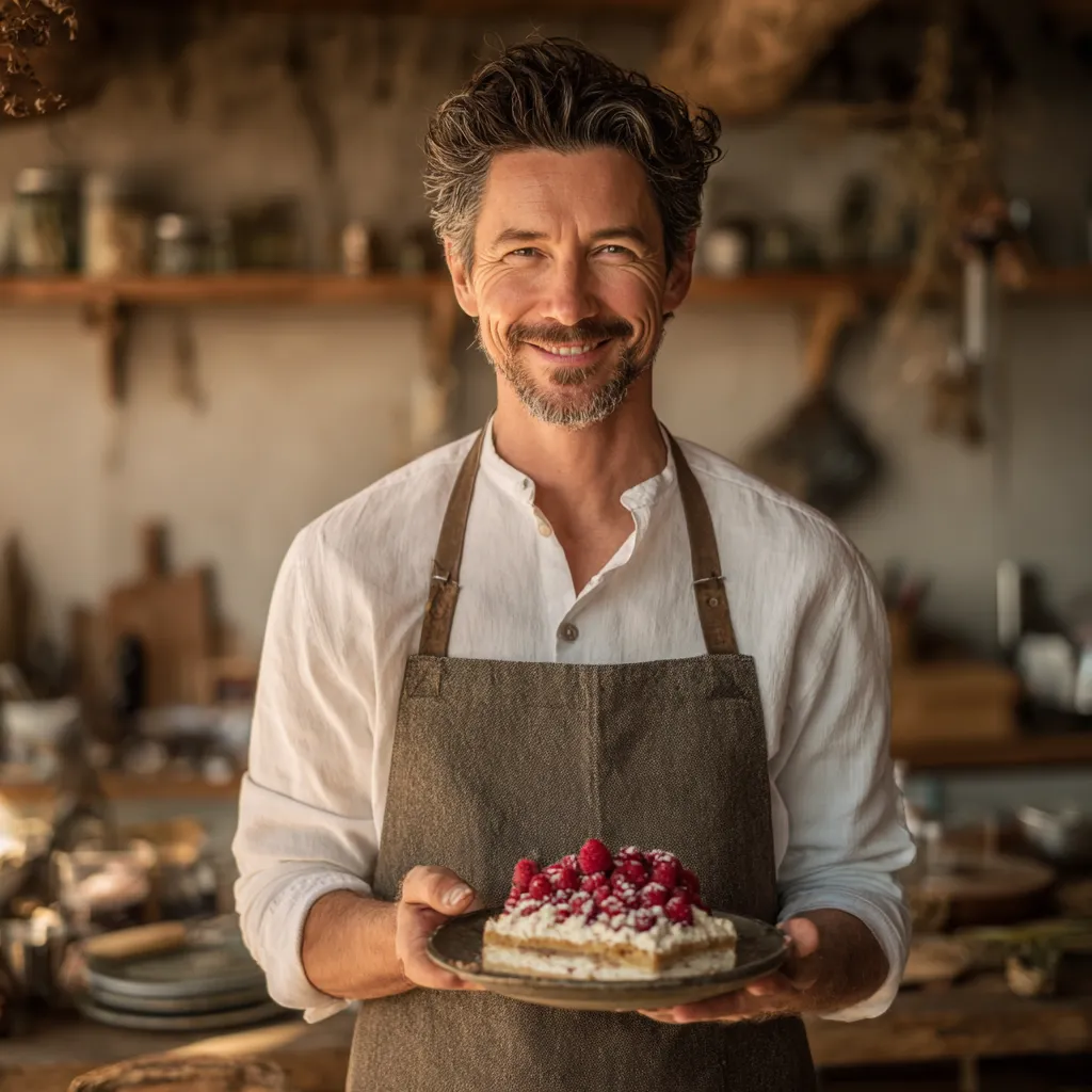 Chef James presenting a raspberry tiramisu in his kitchen.