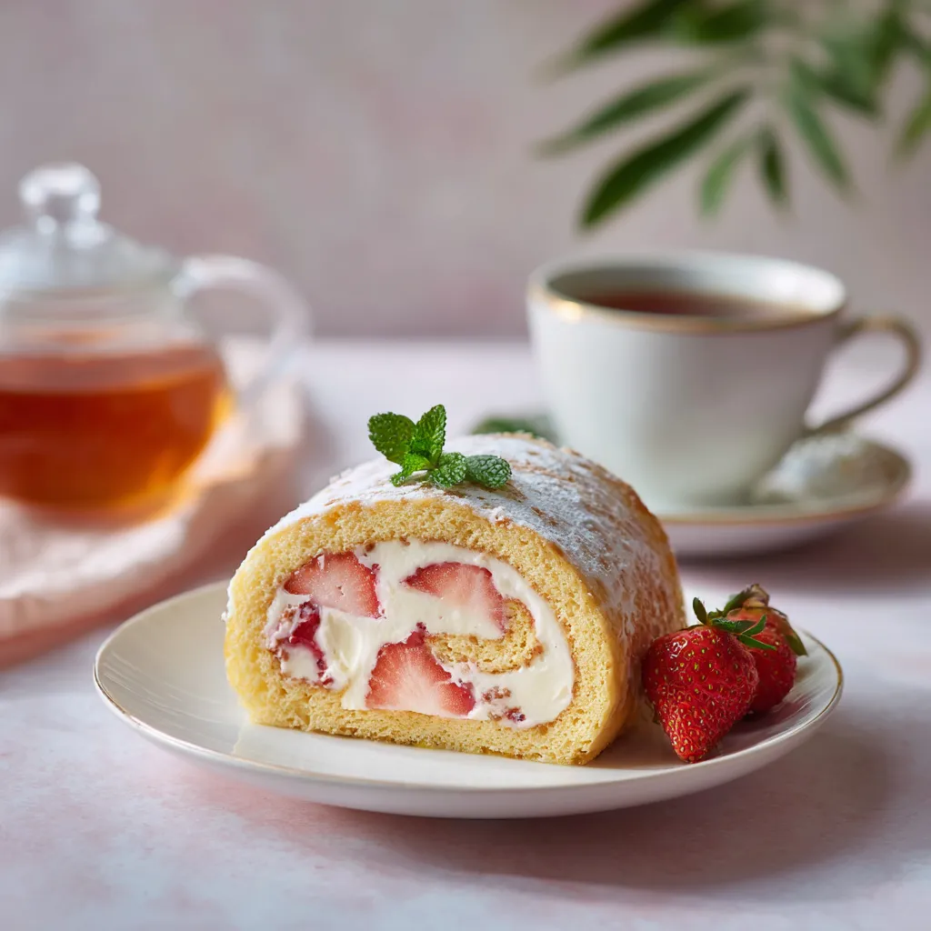 Chef James presenting his homemade Strawberry Shortcake Roll in the kitchen.