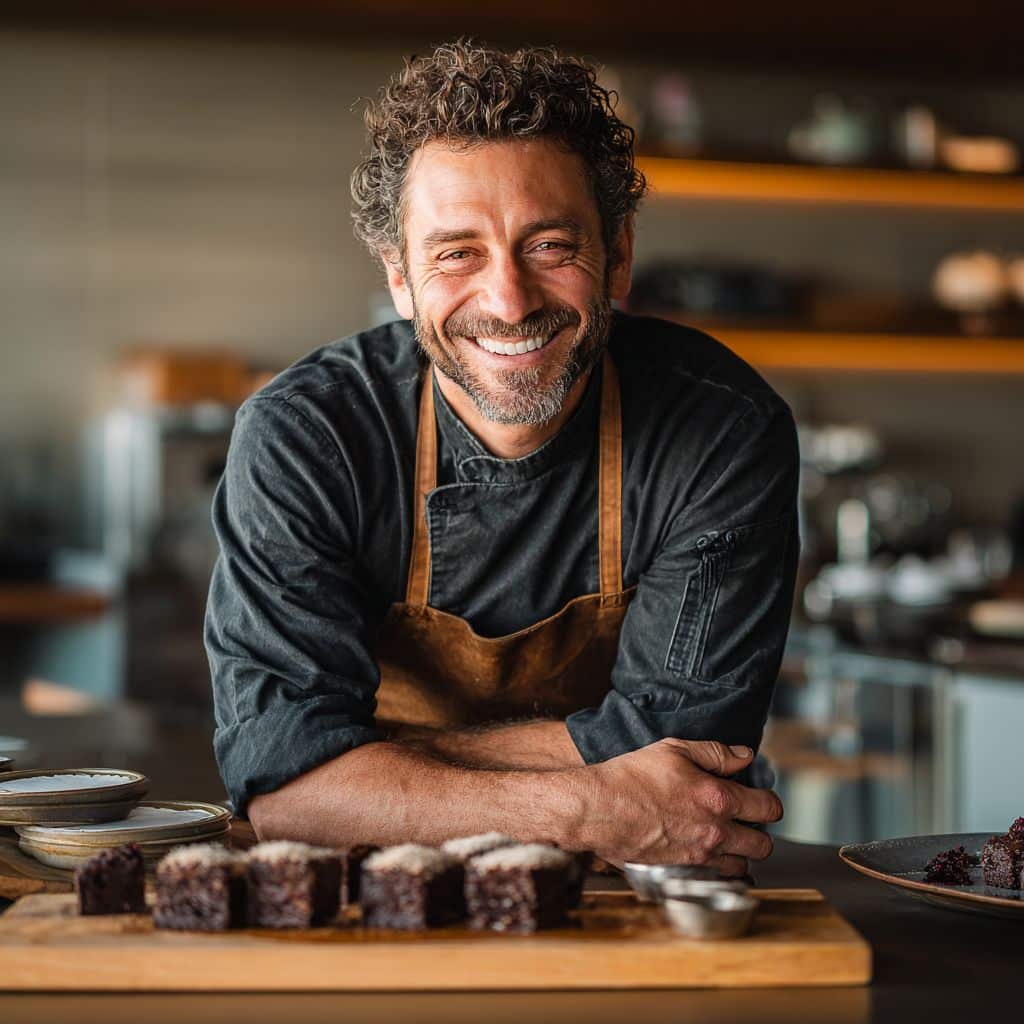 Tiramisu Brownies – Fudgy Chocolate Meets Creamy Mascarpone 5 Chef James plating tiramisu brownies in the kitchen