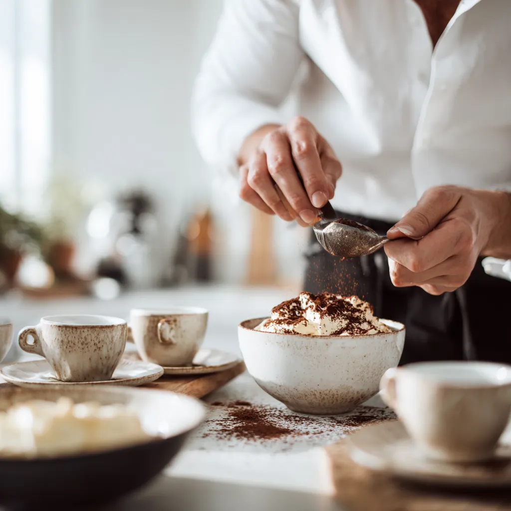 Chef James preparing tiramisu coffee in a bright kitchen.