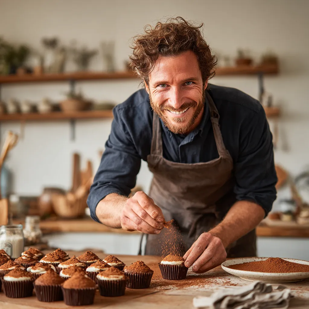 Chef decorating tiramisu cupcakes with cocoa powder.