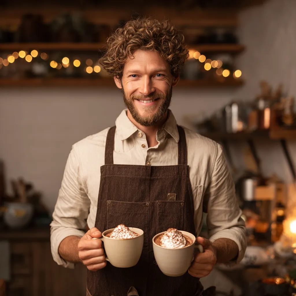 Chef James serving tiramisu hot chocolate.