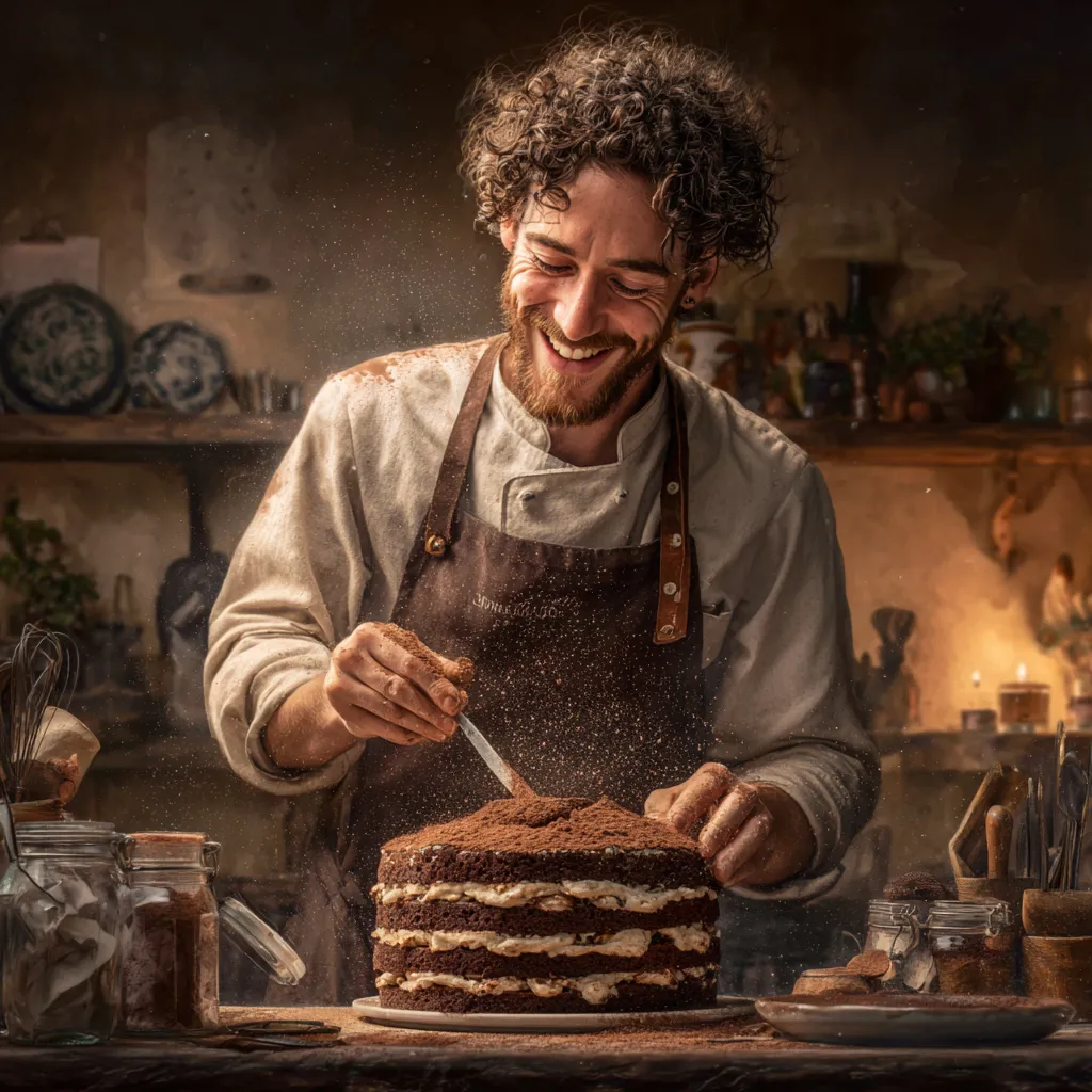 Chef James decorating a tiramisu layer cake.
