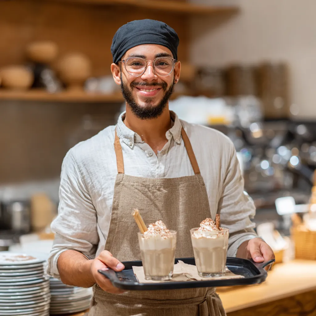 Chef James serving tiramisu milkshakes.