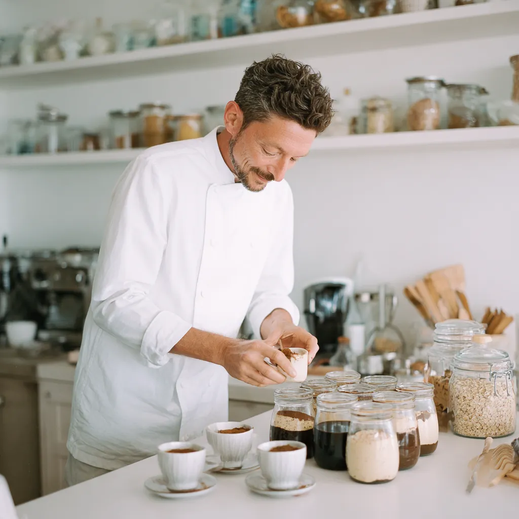 Chef James preparing Tiramisu Overnight Oats in a bright kitchen.