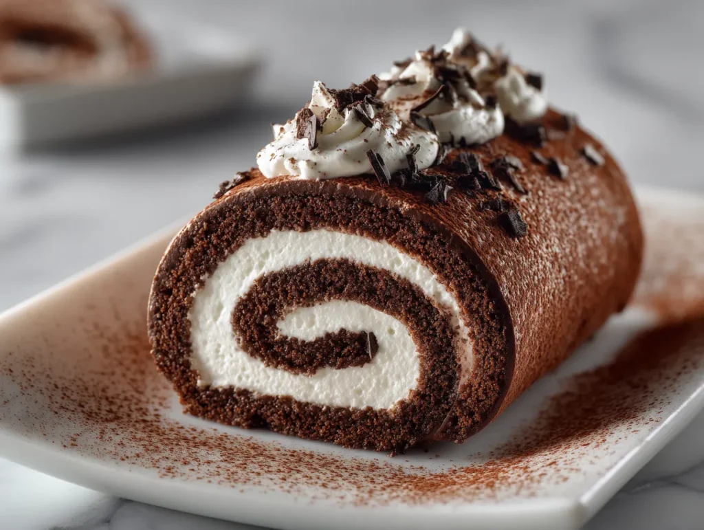 Moist Chocolate Cake Roll with whipped cream and ganache spiral