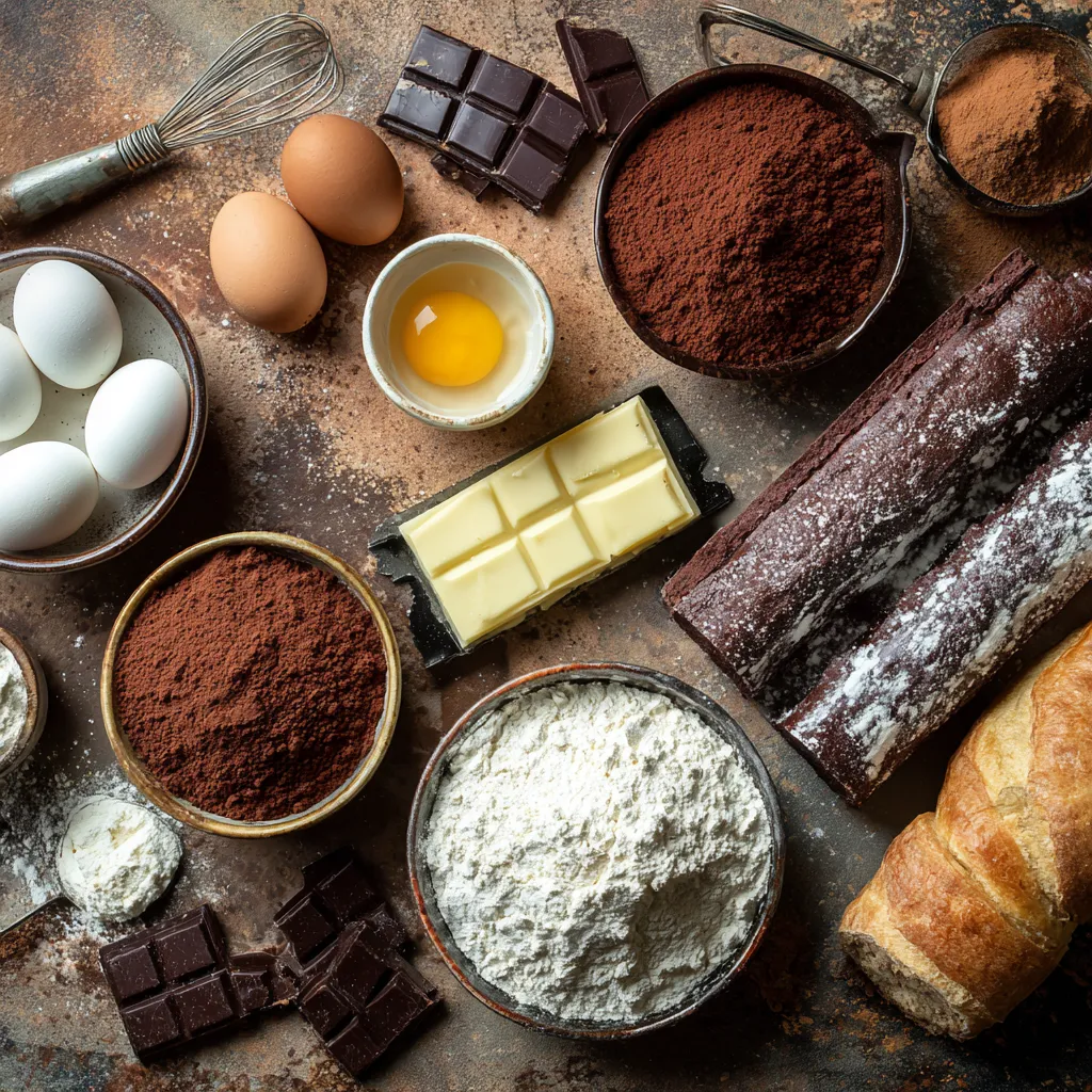 Ingredients for making a chocolate Swiss roll cake