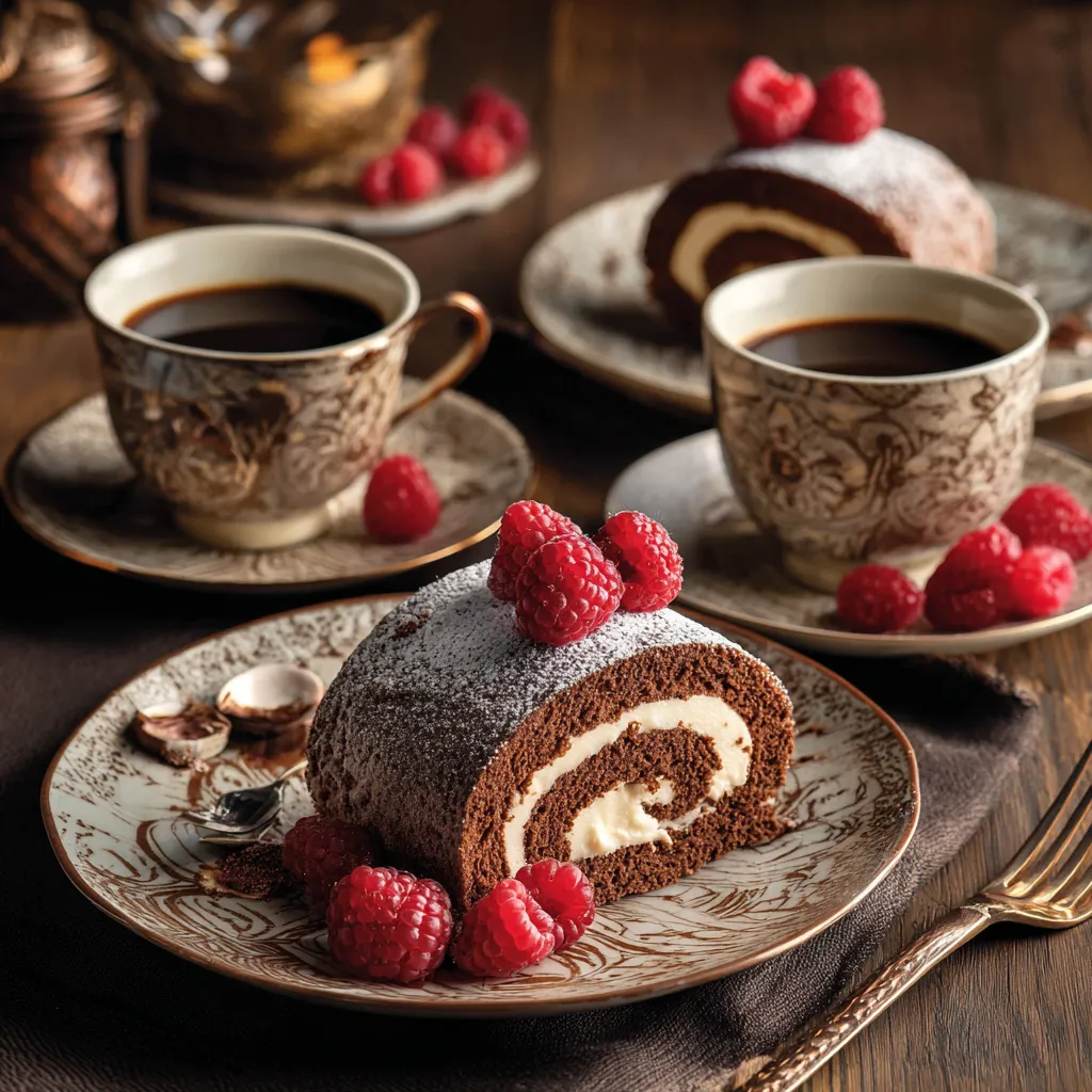 Chocolate Swiss Roll Cake slices served with coffee