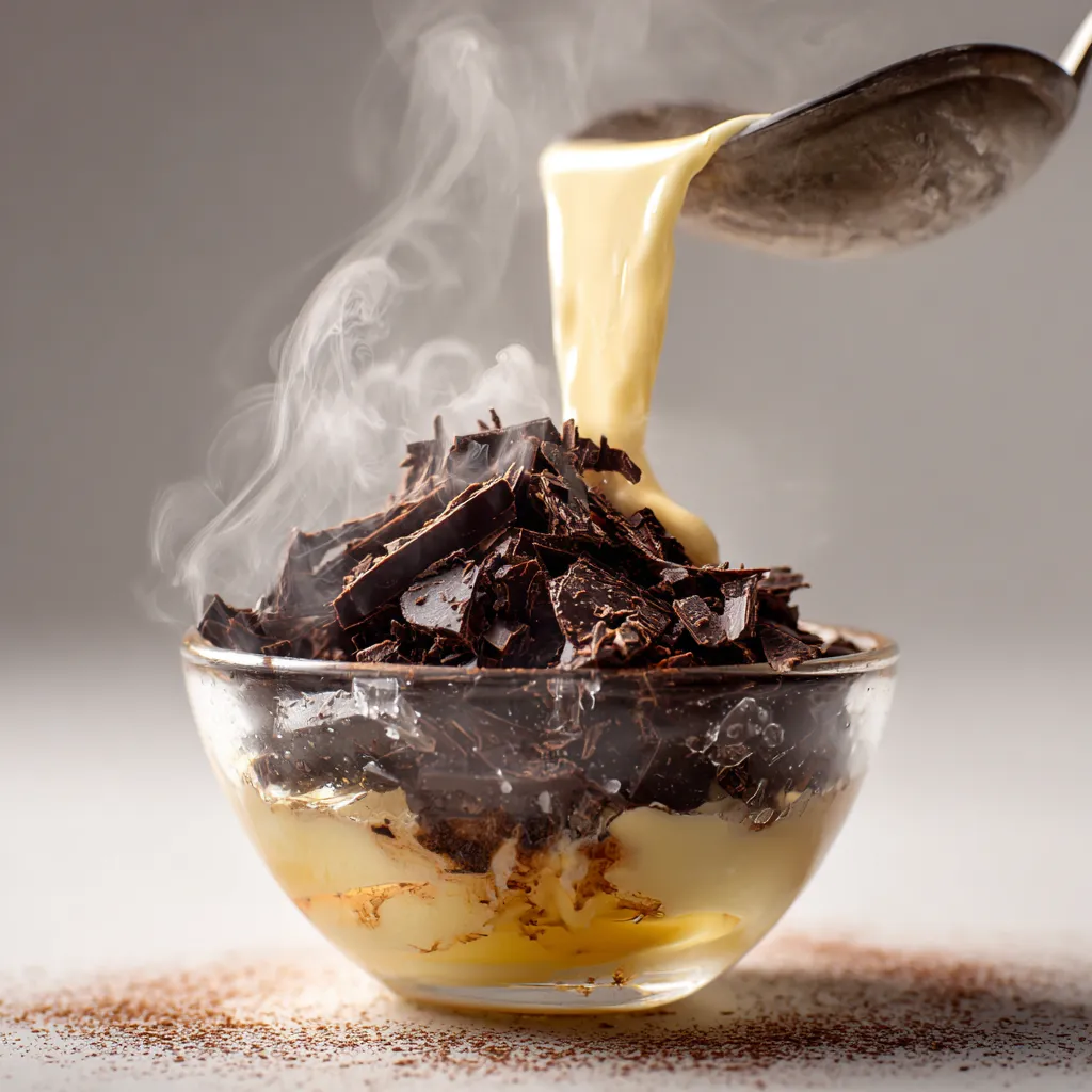 Preparing chocolate ganache for tiramisu.