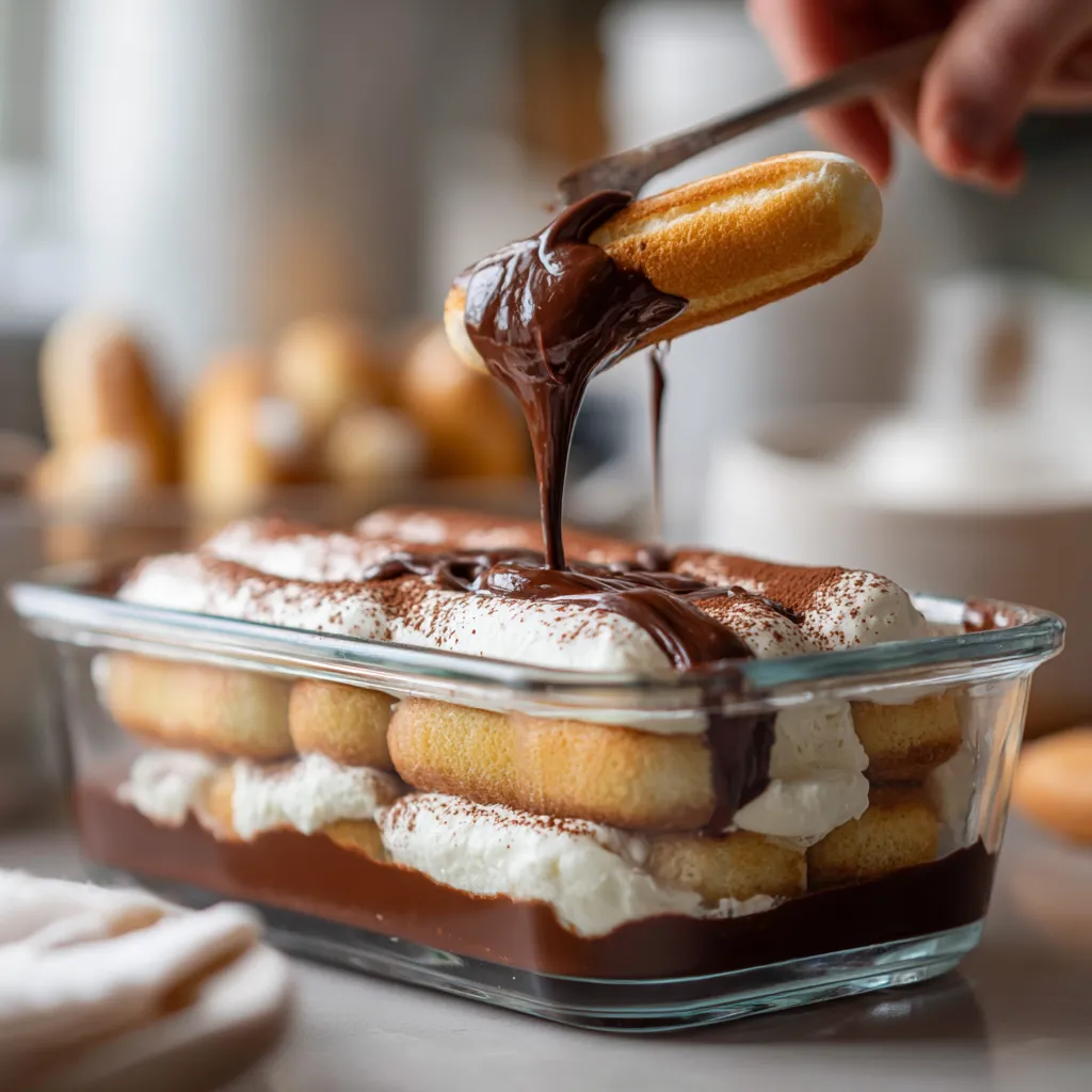 Layering mascarpone and chocolate for tiramisu.