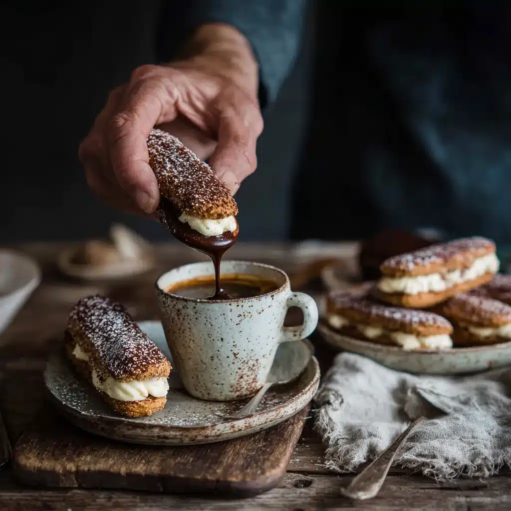 Hands dipping gluten free ladyfingers in espresso.