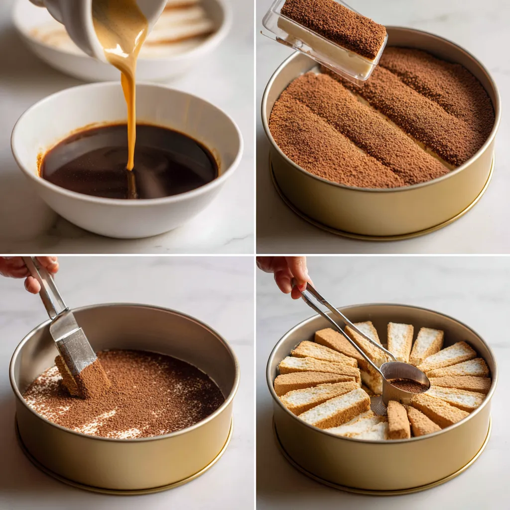 Ladyfingers dipped in espresso for no-bake tiramisu cake.