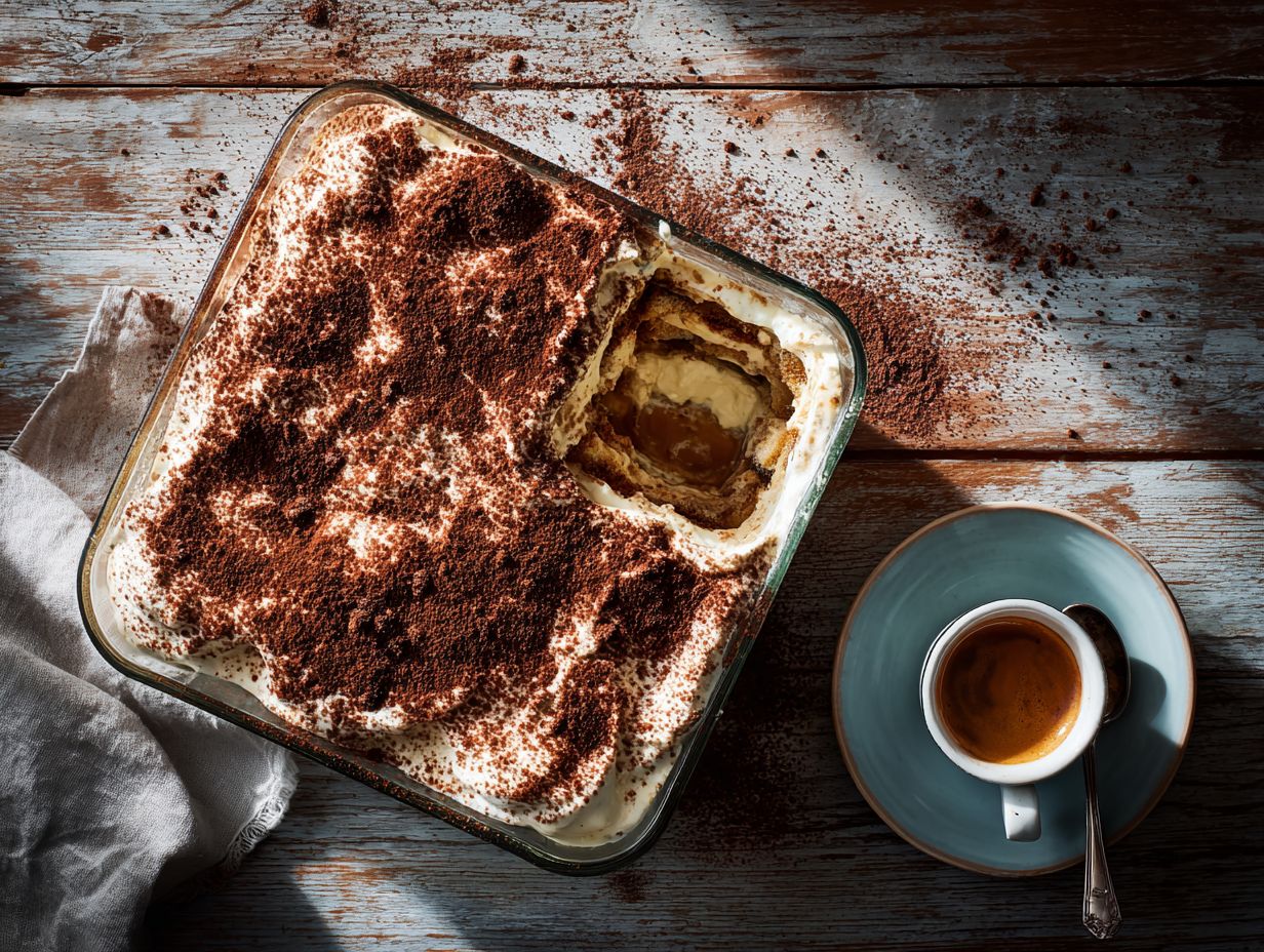 Easy tiramisu recipe served in a glass dish with cocoa topping.