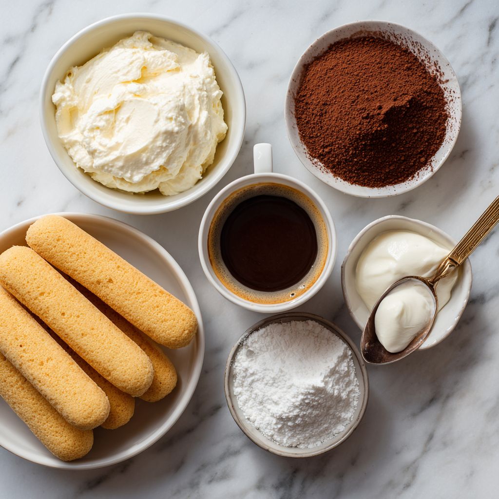 Ingredients for making easy tiramisu recipe.