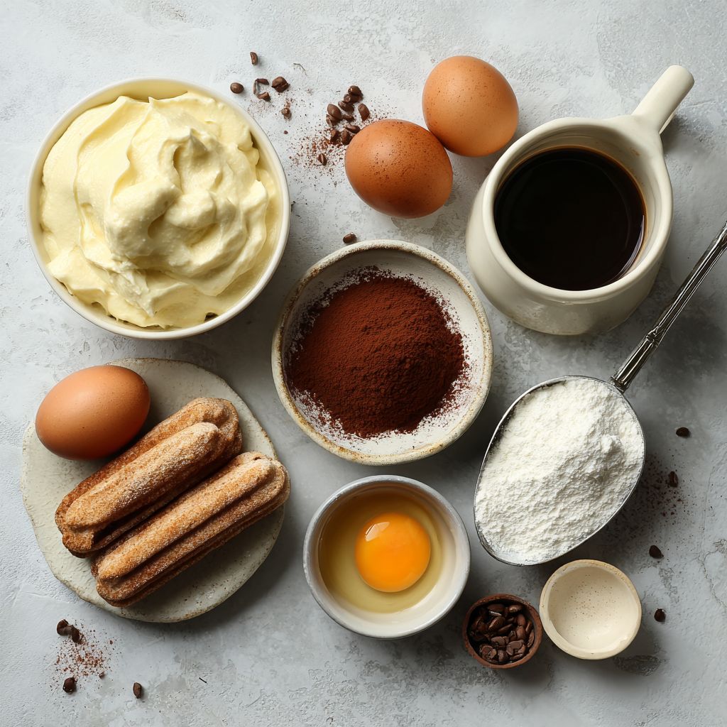 tiramisu ingredients flat lay on kitchen counter