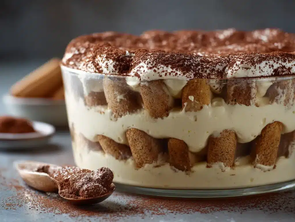 Gluten-Free Tiramisu in a glass dish with cocoa dusting.