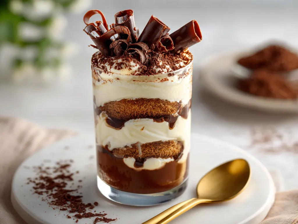 Glass cup of Chocolate Tiramisu with layers of mascarpone and cocoa.