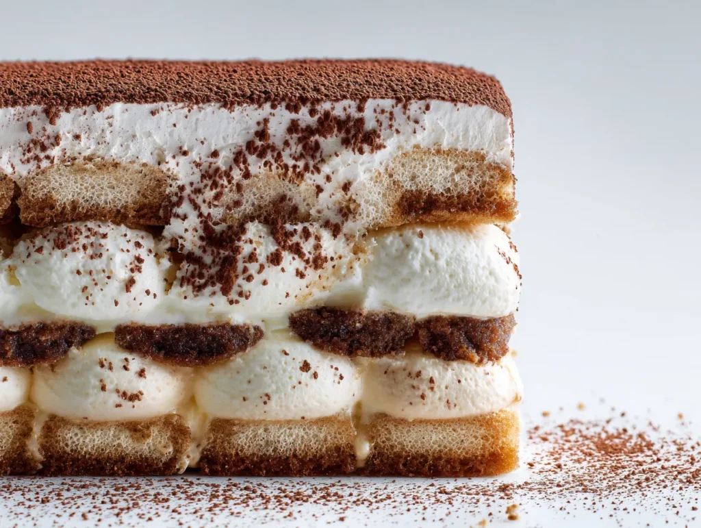 Frozen ice cream tiramisu cake with cocoa dusting on white background.