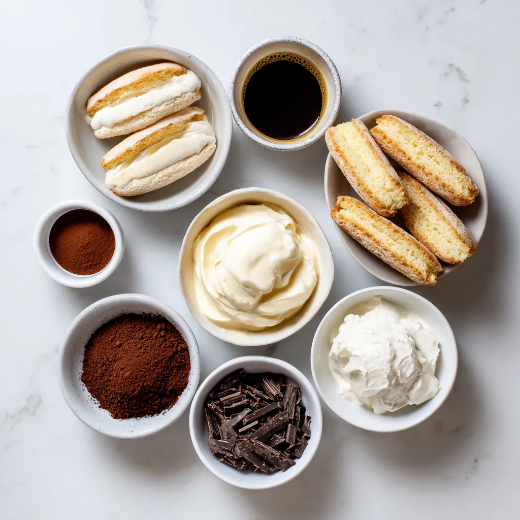 Ingredients flatlay for ice cream tiramisu cake.