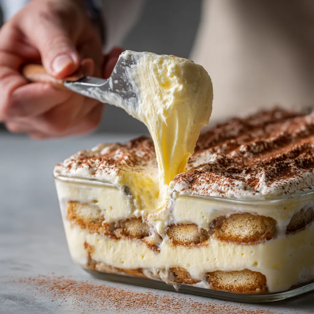 Close-up of mascarpone and ice cream layer in tiramisu cake.