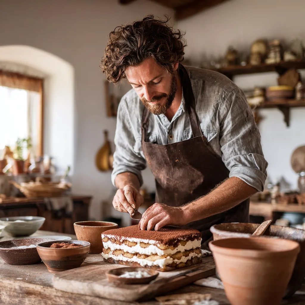 Chef preparing Keto Tiramisu layers in a cozy kitchen.
