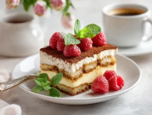 Keto Tiramisu layered with mascarpone cream, espresso, and cocoa in a glass dish.