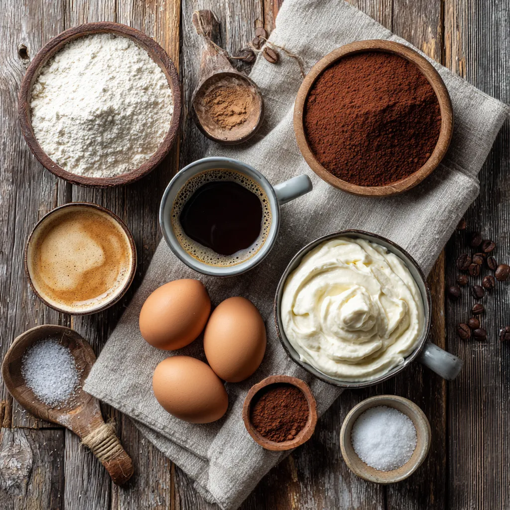 Flatlay of ingredients for Keto Tiramisu including almond flour, mascarpone, and cocoa.