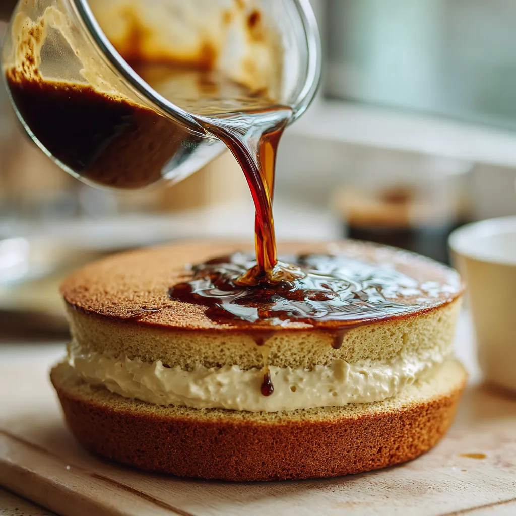 Almond flour sponge soaked in espresso layered with mascarpone cream for Keto Tiramisu.