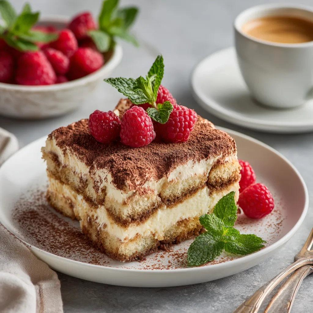 Slice of Keto Tiramisu served with raspberries and espresso.