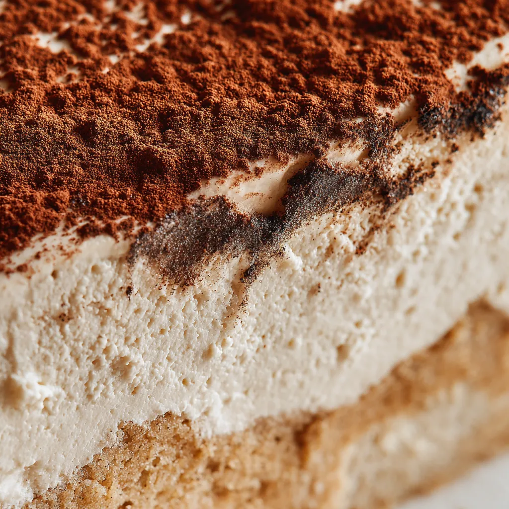 Close-up of creamy Keto Tiramisu texture with cocoa topping.