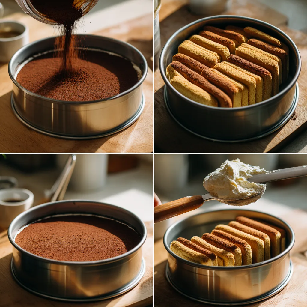 Ladyfingers layered in pan for ice cream tiramisu cake.