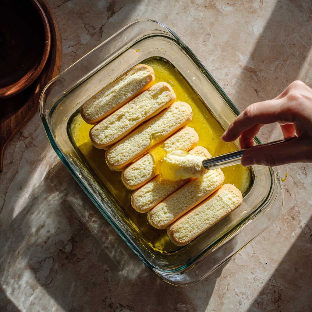 Close-up of mascarpone lemon cream layer in tiramisu.