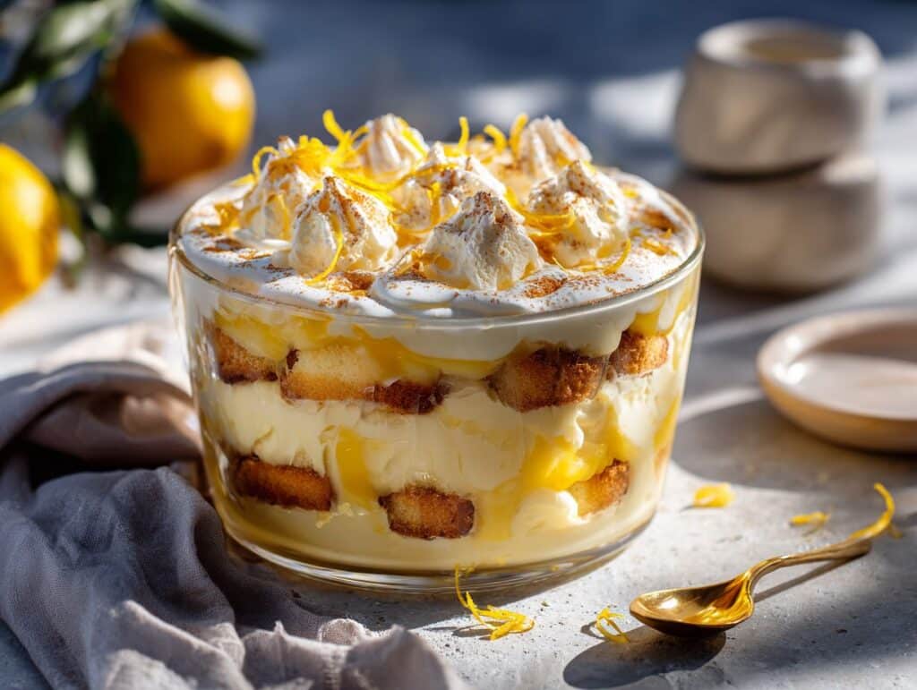Hero shot of Lemon Tiramisu layered with mascarpone and lemon curd.