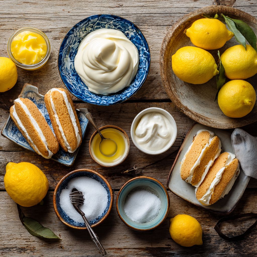 Flatlay of Lemon Tiramisu ingredients including mascarpone, lemons, and ladyfingers.