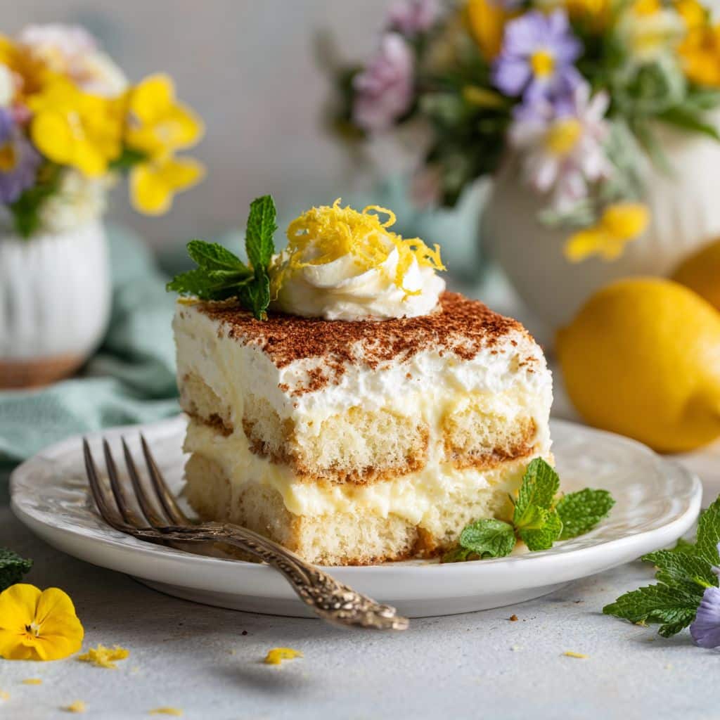 Slice of Lemon Tiramisu garnished with lemon zest and mint.