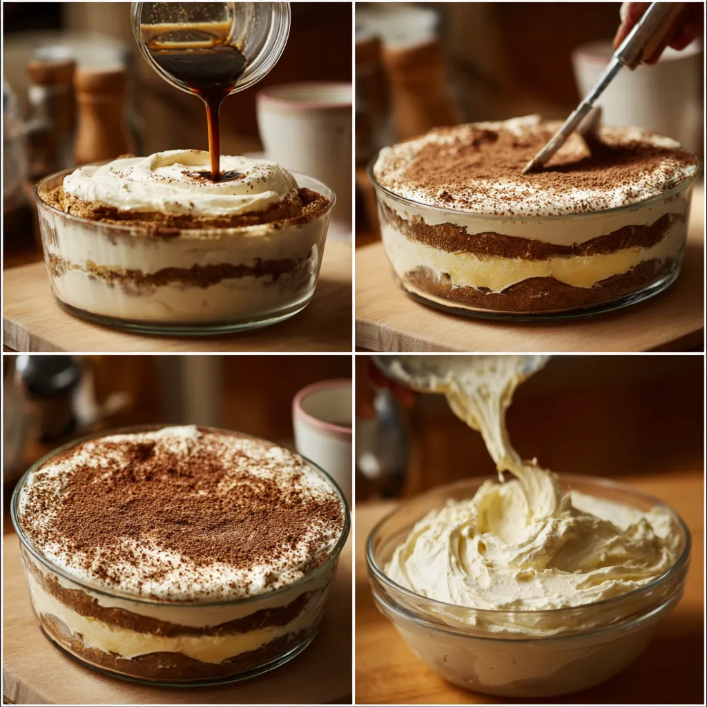 Assembling low-carb tiramisu with espresso-soaked sponge and mascarpone cream.