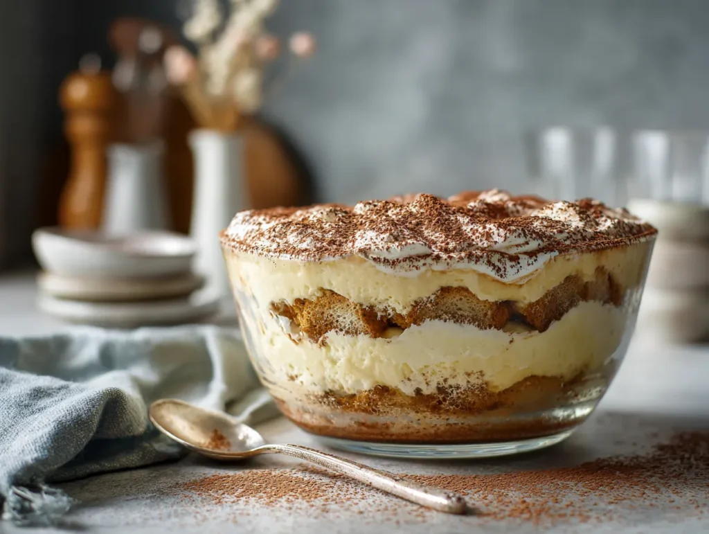 Keto Low-Carb Tiramisu in a glass dish with cocoa dusting.