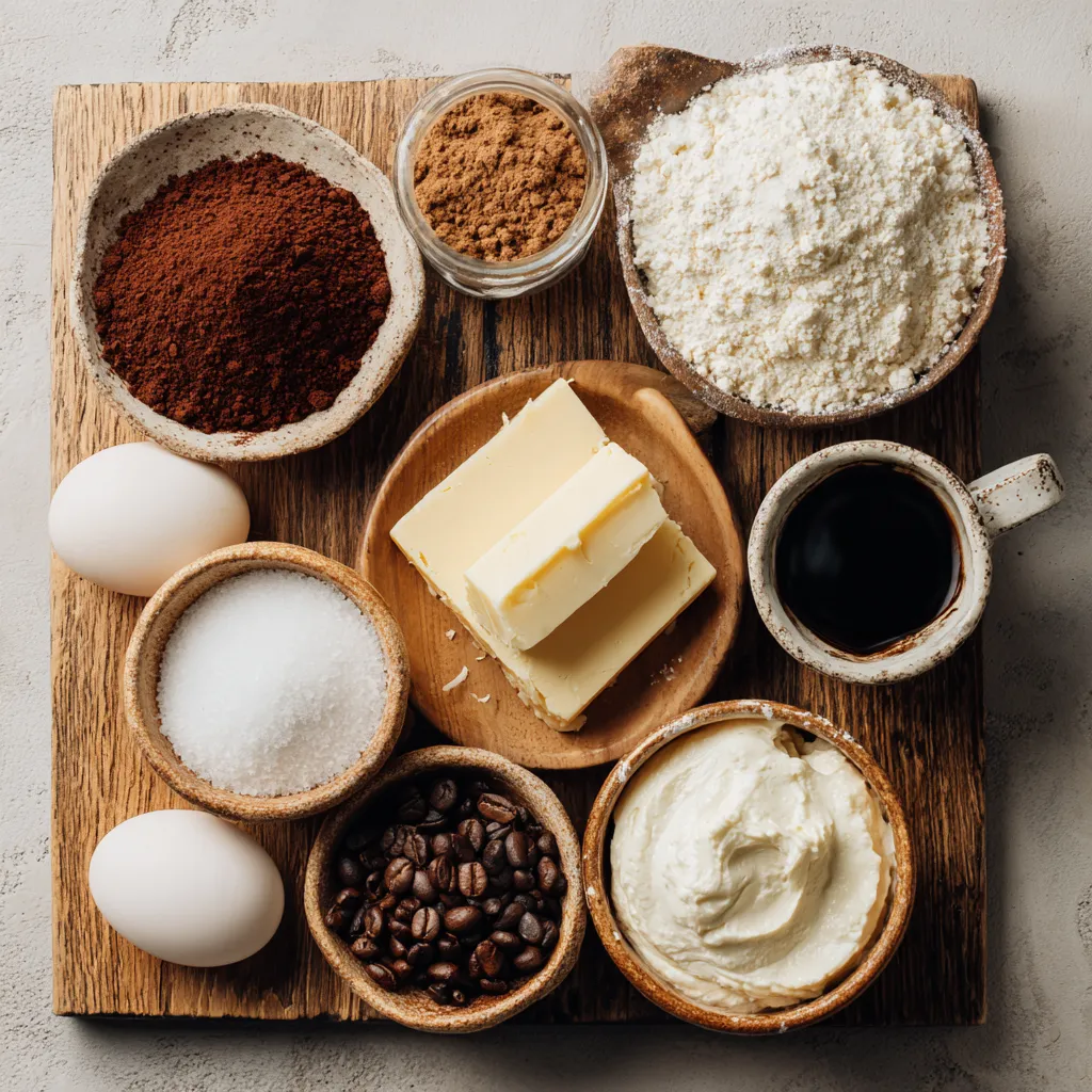 Flatlay of low-carb tiramisu ingredients on a wooden counter.