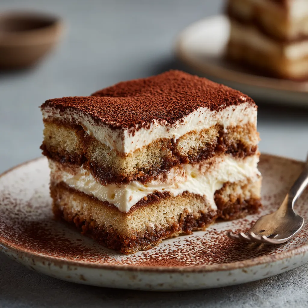 Close-up of keto-friendly Low-Carb Tiramisu slice with cocoa dusting.