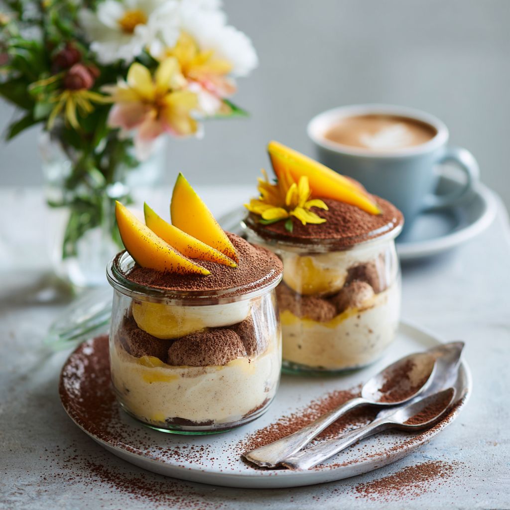 Close-up of mango tiramisu layers with cream and mango