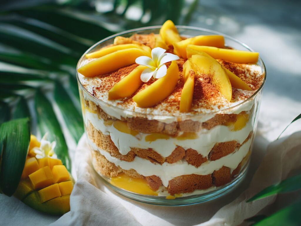 Hero shot of mango tiramisu with fresh mango slices and mascarpone cream