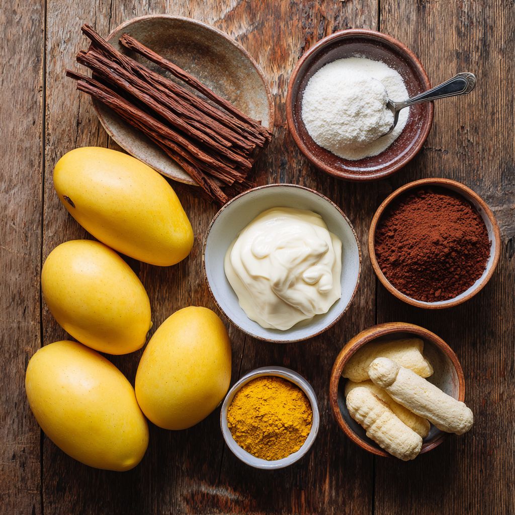 Flatlay of mango tiramisu ingredients