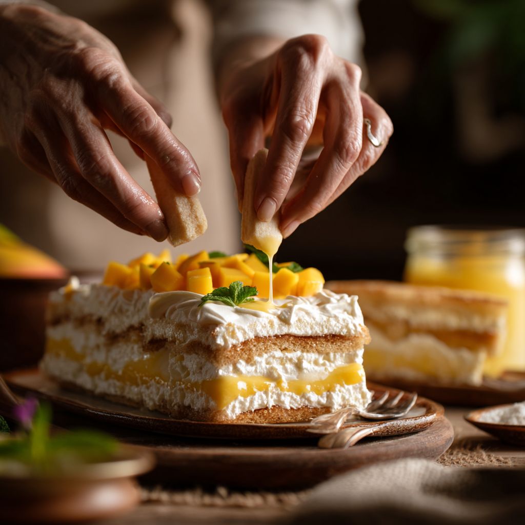 Step-by-step making of mango tiramisu with ladyfingers and cream