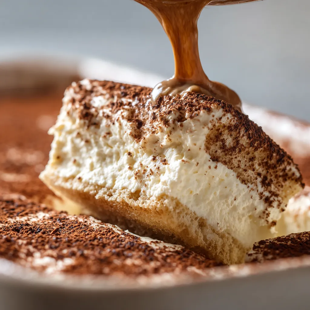 Creamy mascarpone layer spread in no-bake tiramisu cake.