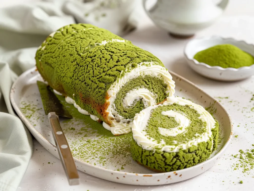 Matcha Swiss roll with creamy filling and green sponge
