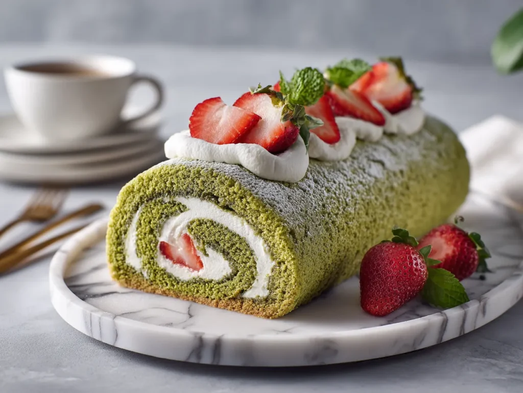 Matcha Swiss Roll Cake sliced with whipped cream and strawberries