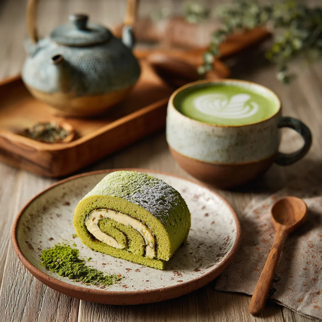 Matcha Swiss Roll slice served with matcha latte