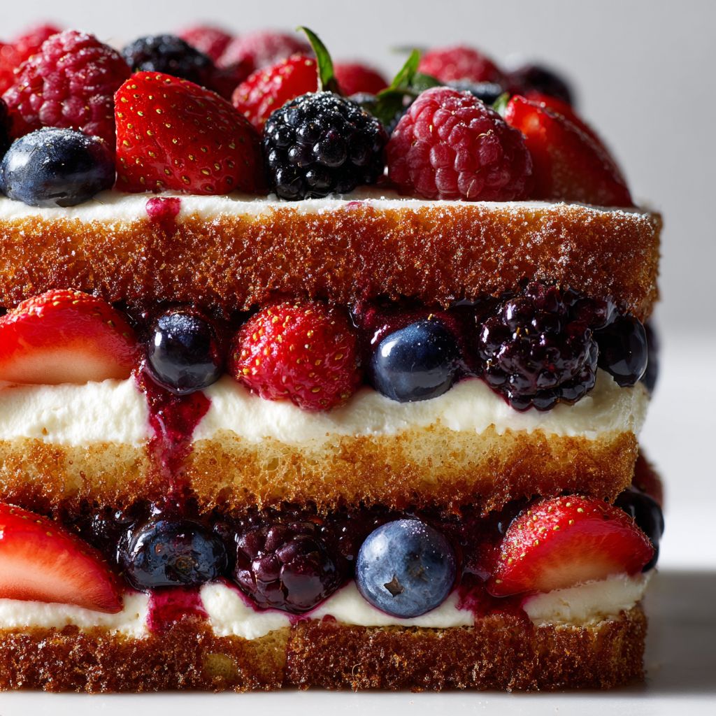 Close-up of layered mixed berry tiramisu with mascarpone and berries.