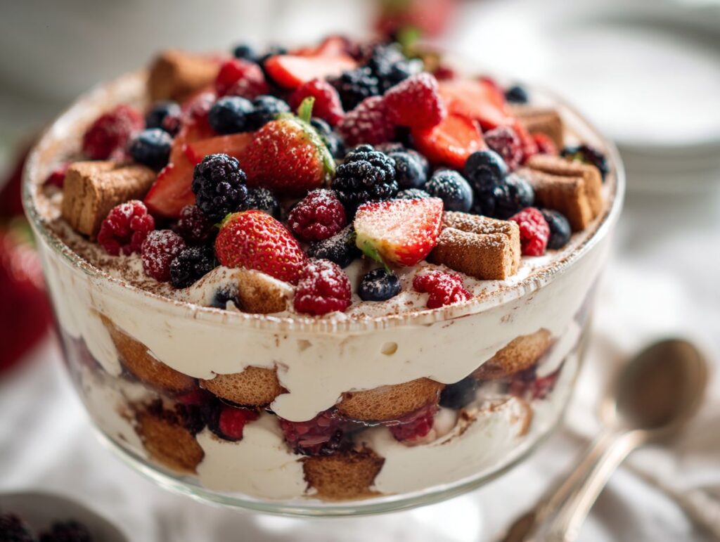 Hero shot of mixed berry tiramisu topped with fresh berries.