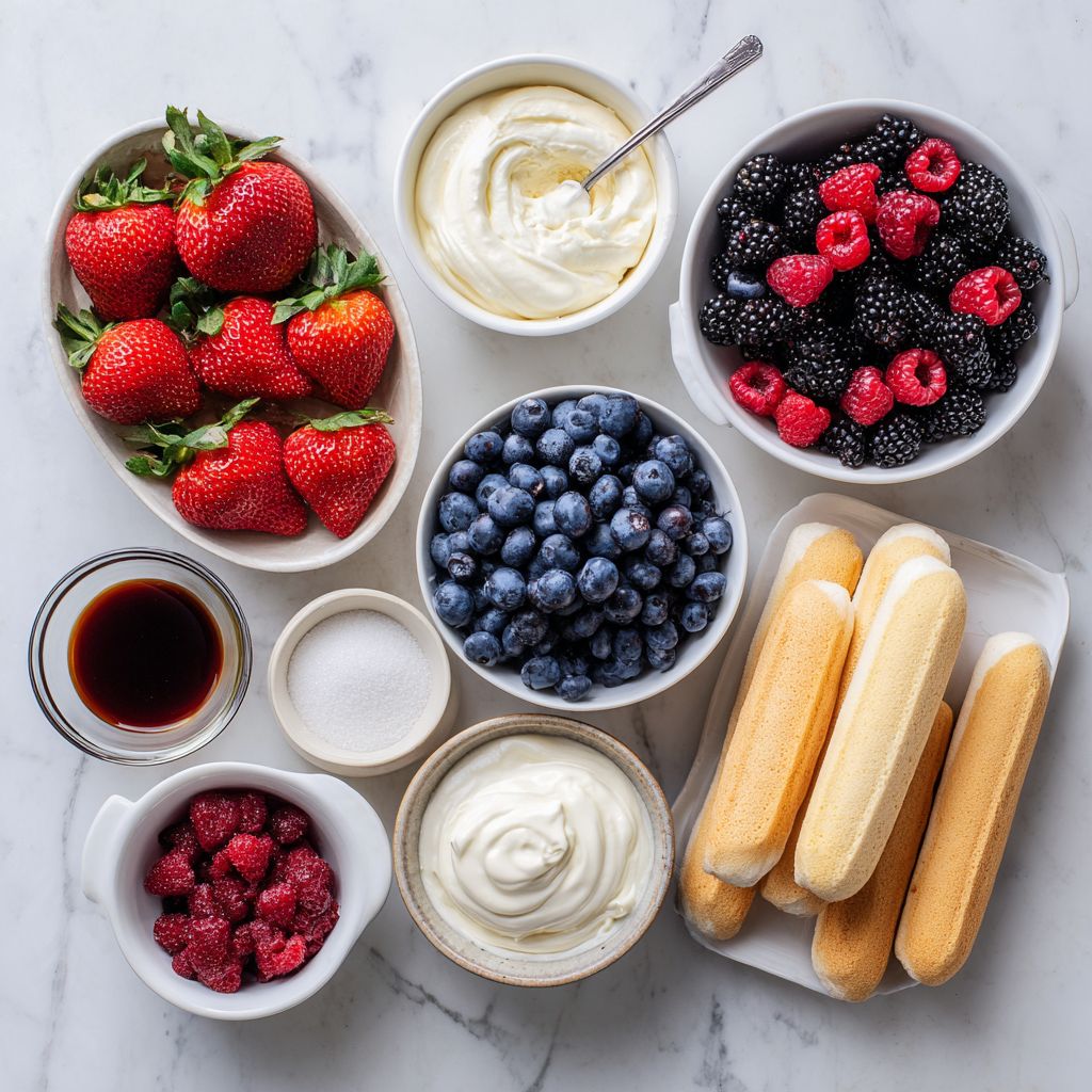 Flatlay of mixed berry tiramisu ingredients on a marble counter.